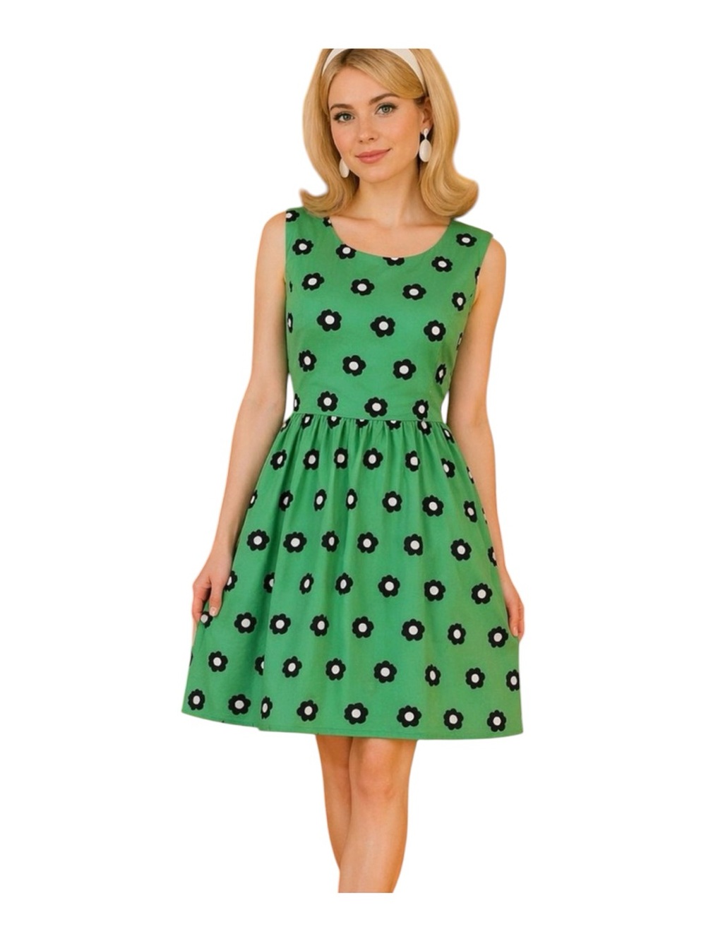 Sleeveless Green Floral Print Fit-and-Flare Midi Dress